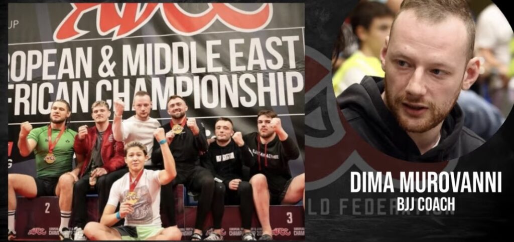 Dima Murovanni a brazilian jiu-jitsu coach with his 4 students and ADDC 2024 trial golden medalists Margot Ciccarelli, Marcin Maciulewicz, Taylor Pearman and Jozef Chen. 